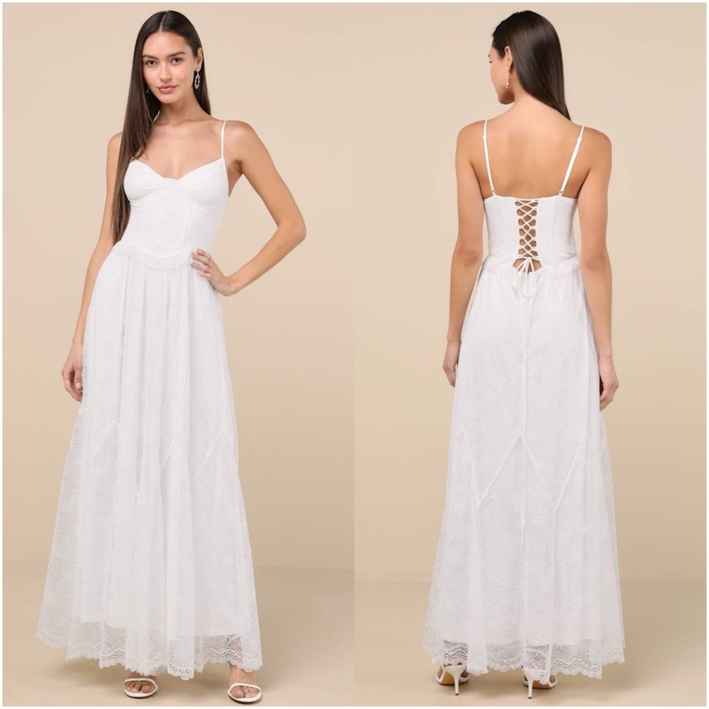 LULU’S Bia White Lace Bustier Maxi Dress